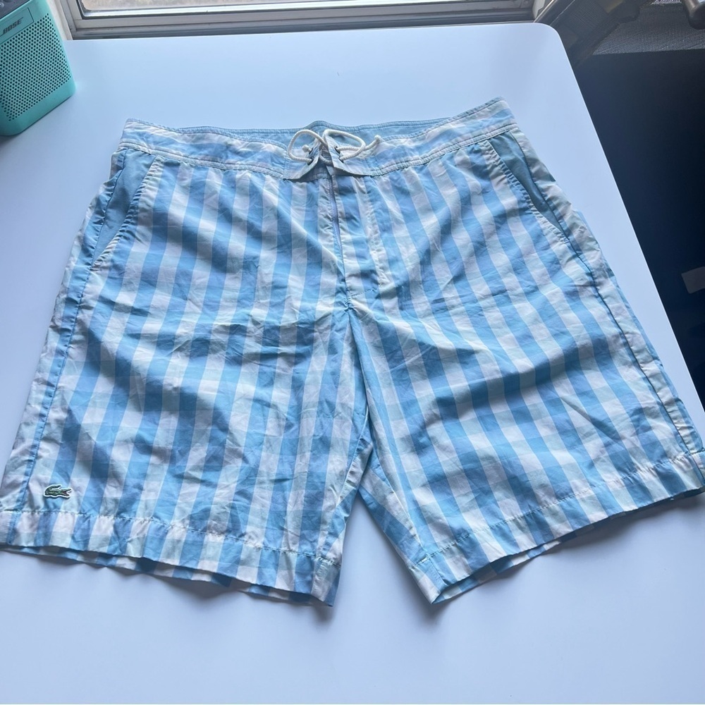 Lacoste Men’s Quick Dry Check Print Swim Trunks Blue Velcro Drawcord Size 8 NWOT